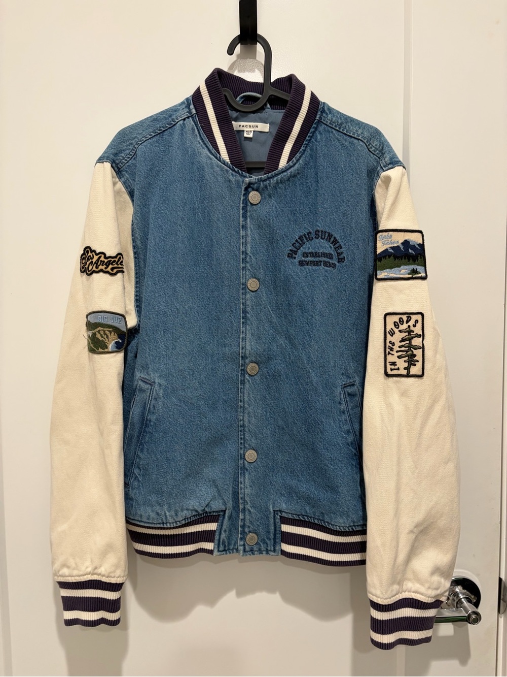 NWOT Pacsun Unisex Denim and Cream Varsity Jacket with Patch Details